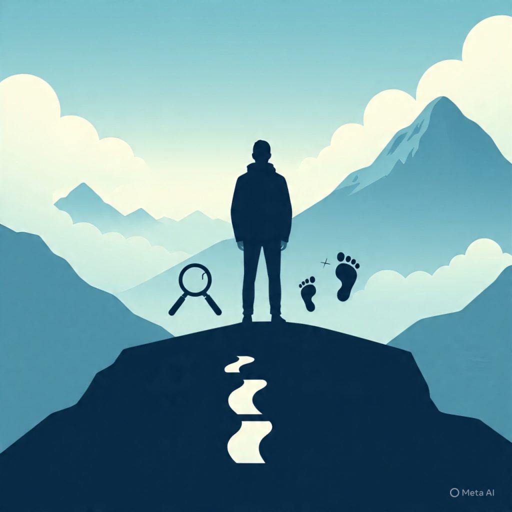 "Digital illustration of a person standing at the edge of a cliff, looking at a winding path through mountains and clouds leading to a distant peak. Along the path are visual symbols representing steps to build confidence in uncertainty: focusing on controllable actions, taking small steps, accepting uncertainty, preparing without overthinking, trusting adaptability, gaining experience, and surrounding oneself with positive people. Warm sunlight illuminates the scene, creating an inspiring and motivational atmosphere."