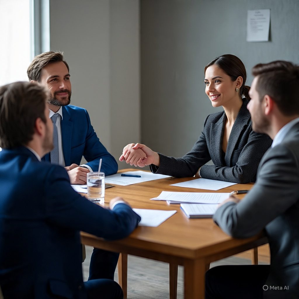 A confident candidate shaking hands with interviewers across a table in a professional office, demonstrating positive body language during a job interview, with visual examples comparing good and poor body language.