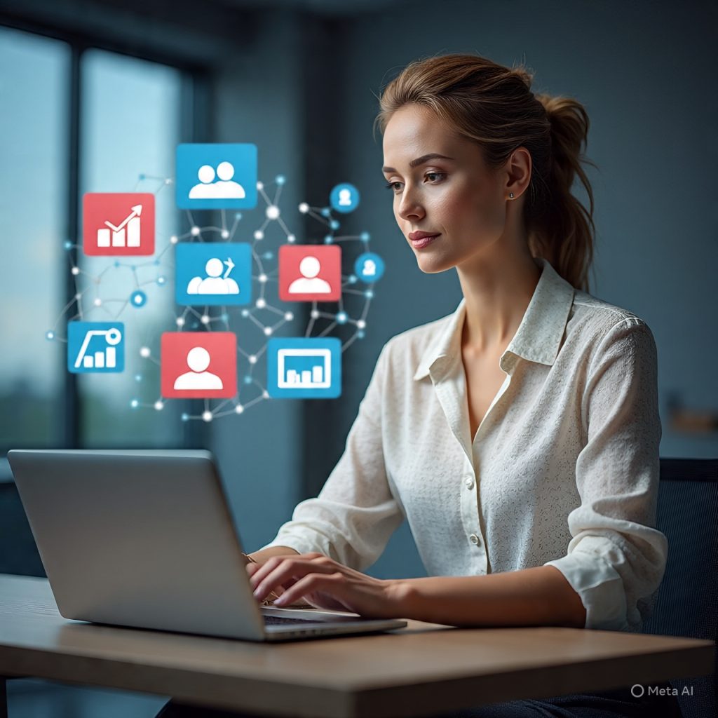 A professional woman working on a laptop in a modern office while icons representing skills, growth, and career options appear around her, symbolizing career flexibility and adaptability in the workplace.