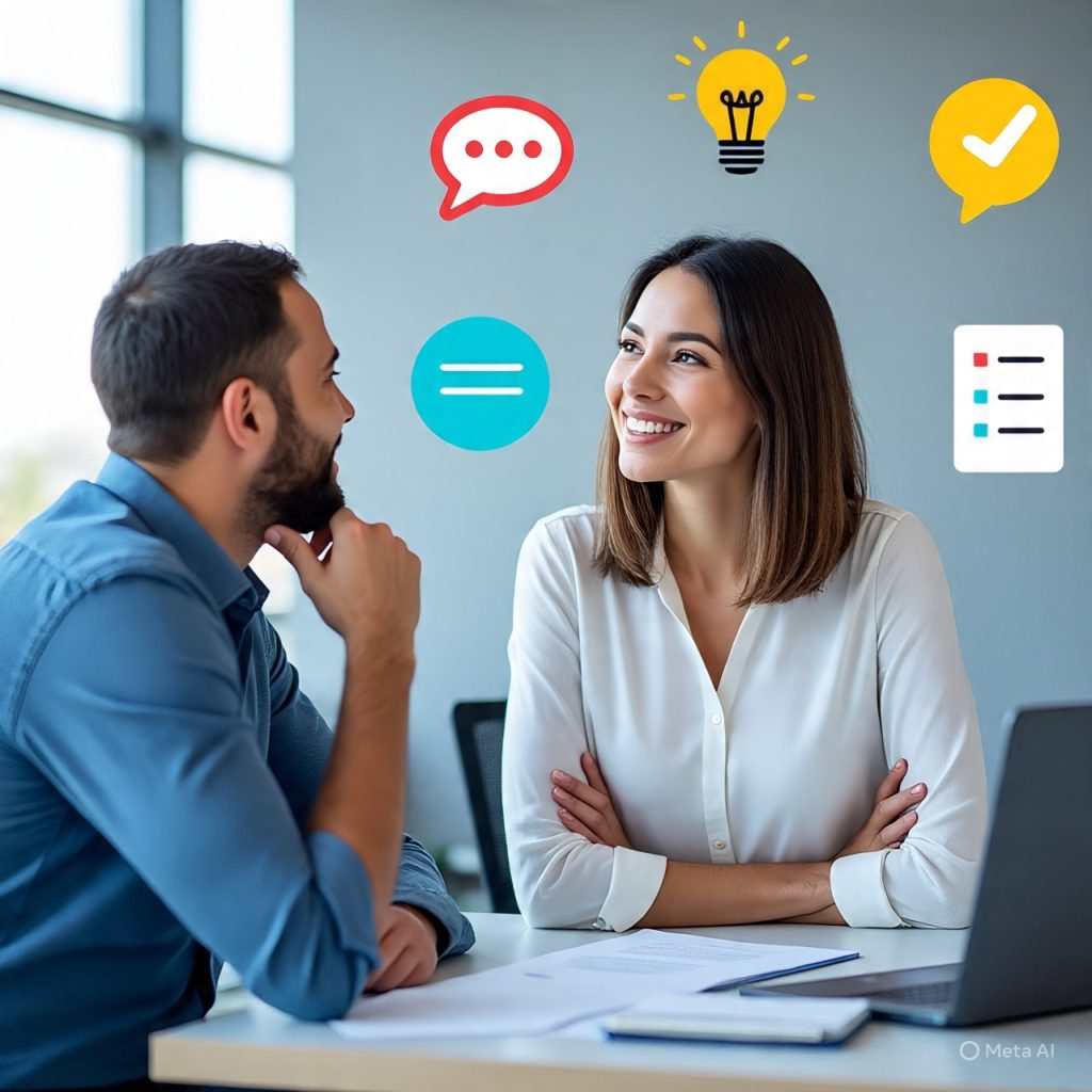 Two colleagues having a clear conversation in an office while icons around them highlight benefits like better understanding, fewer misunderstandings, increased productivity, and smoother collaboration, illustrating how clear communication reduces workplace friction.