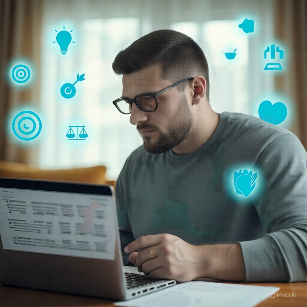 A realistic illustration of a young man sitting at a desk in a bright, sunlit workspace, writing in a notebook with a focused and calm expression. A laptop beside her displays a checklist of skills like writing, SEO, research, and storytelling, all marked as completed. The background includes a vision board, books, a target with an arrow hitting the center, and growth charts, symbolizing career goals and progress.