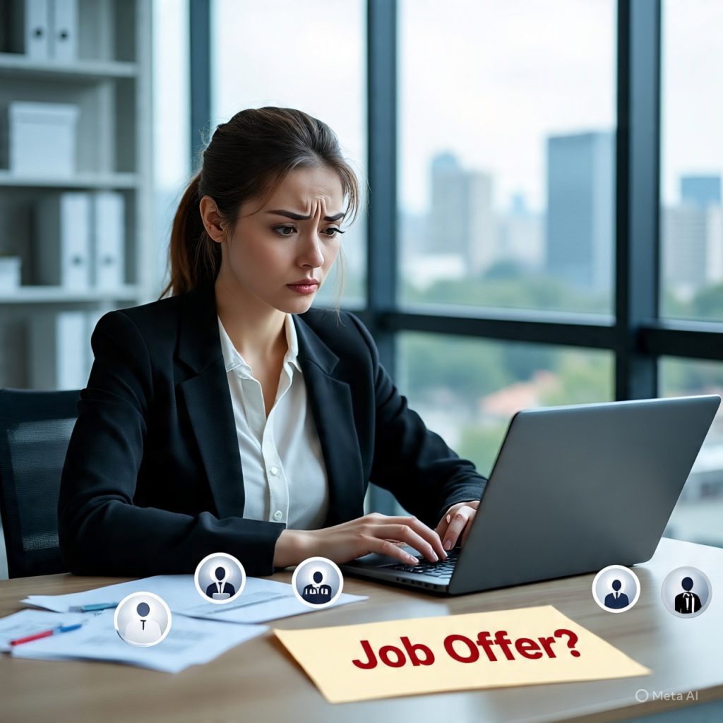 A stressed young professional woman sits at her desk in a modern office, looking worried while staring at her laptop with a sticky note that reads “Job Offer?”. Around her, floating icons highlight reasons for delay such as internal approvals, hiring freeze, HR process delays, key person unavailability, and candidate comparison. Papers and a resume lie on the desk, emphasizing job search anxiety.