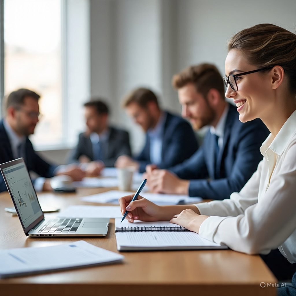 A young professional woman sits at a wooden desk in a modern, sunlit workspace, smiling as she writes in a notebook beside her laptop, while colleagues collaborate in the softly blurred background.