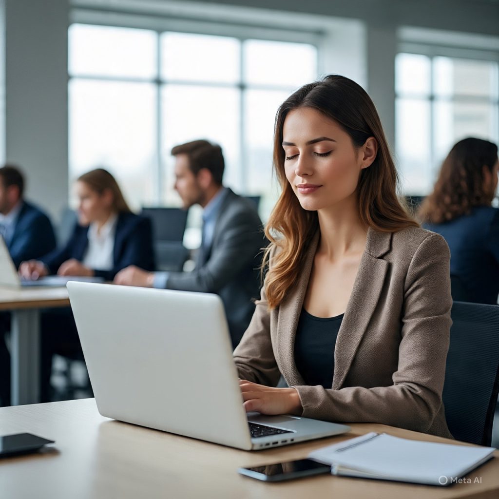 A professional woman sits calmly at her desk in a modern office, eyes closed while practicing deep breathing. A laptop, notebook, and phone are placed neatly in front of her, while coworkers work in the background, representing focus and emotional regulation in a busy work environment.