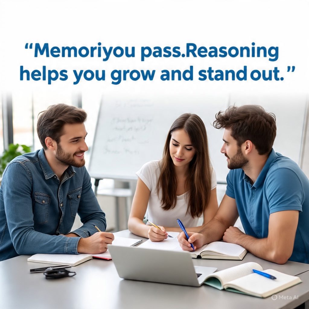 Three young adults sitting together at a table in a bright, modern study space, discussing and studying with notebooks and a laptop, while a bold quote above them reads, “Memorization helps you pass. Reasoning helps you grow and stand out.”
