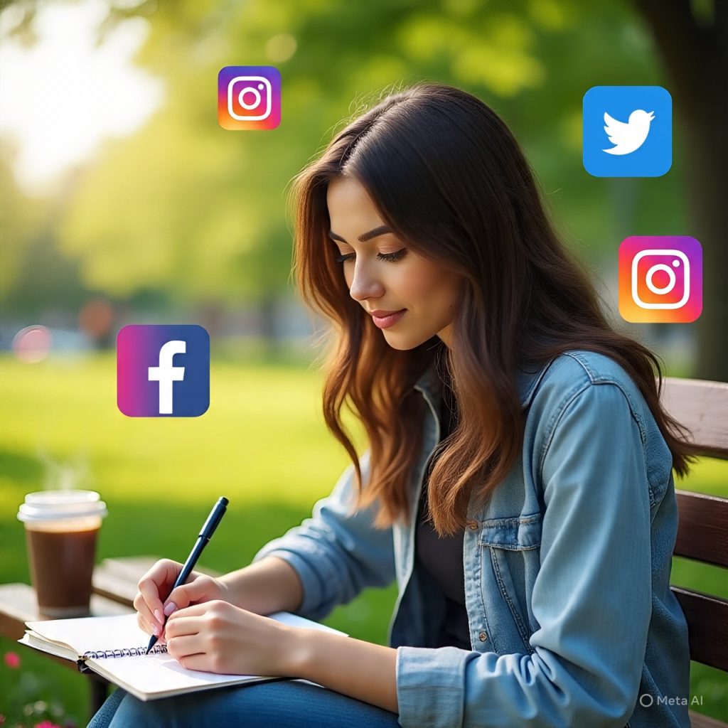 Here’s clear, SEO-friendly alt text for your image:

**Alt text:**
A young woman sitting in a sunlit park, writing in a notebook with a coffee mug beside her, while social media icons float around, representing focus and avoiding comparison-driven stress.
