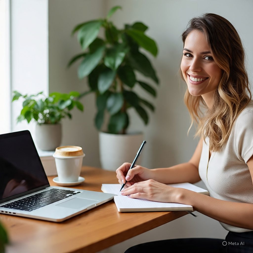 **Alt text:**
A woman sitting at a clean, well-organized desk in a bright home office, smiling while writing in a notebook beside a laptop, coffee cup, and plants, reflecting a calm and productive work environment.

