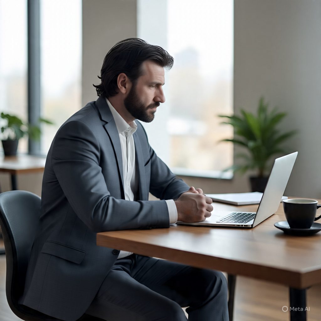 A realistic modern workspace showing a confident young professional sitting at a desk with a laptop, writing and planning career goals, soft natural lighting coming from a window, minimal and clean setup, notebook, coffee cup, indoor plants, calm and focused expression, professional yet relatable atmosphere, high detail, ultra realistic, 1600x778
