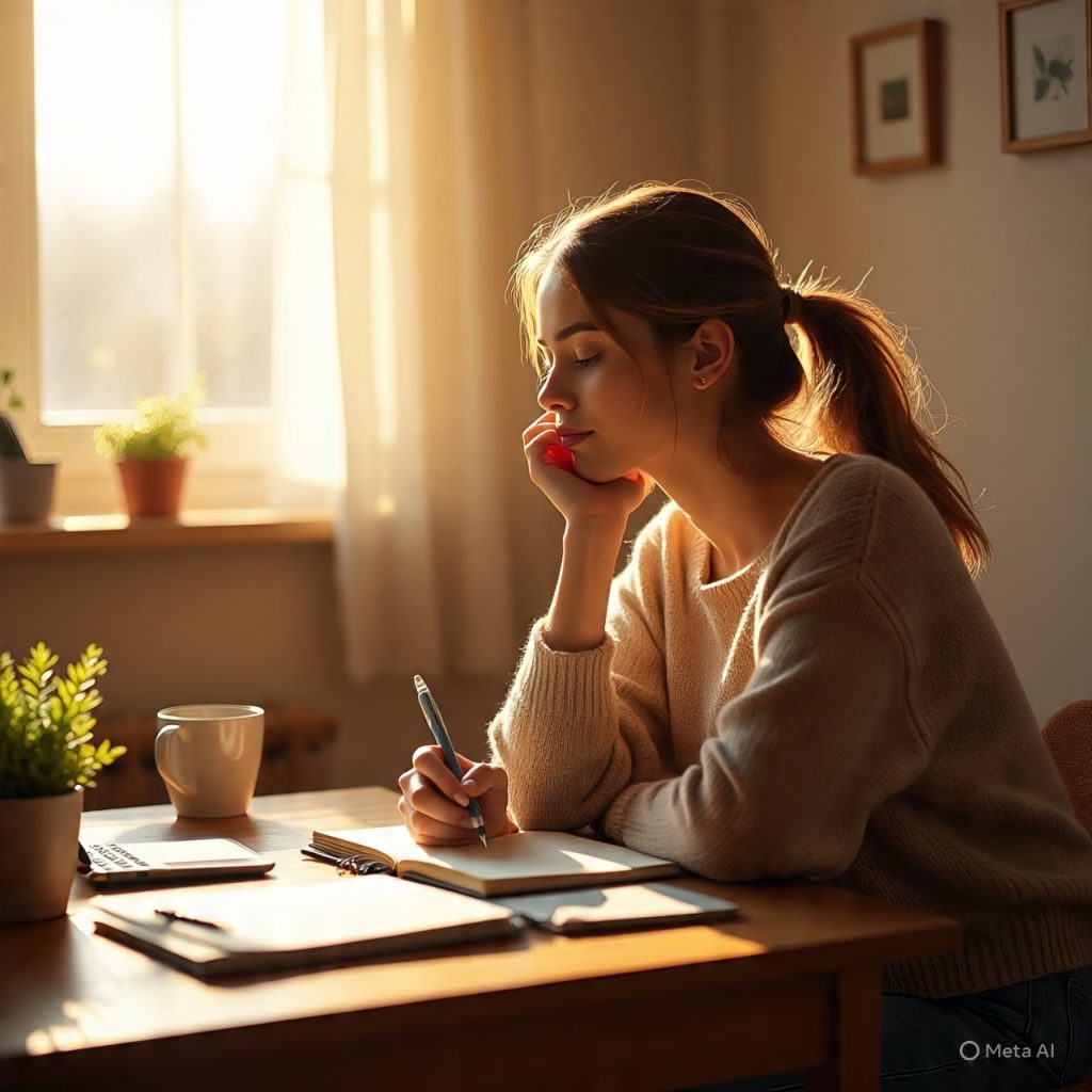 A young woman sits at a wooden desk near a sunlit window, holding a pen and looking thoughtfully outside while journaling in a notebook, with a coffee mug, phone, and small plants placed around her in a warm, calm setting.