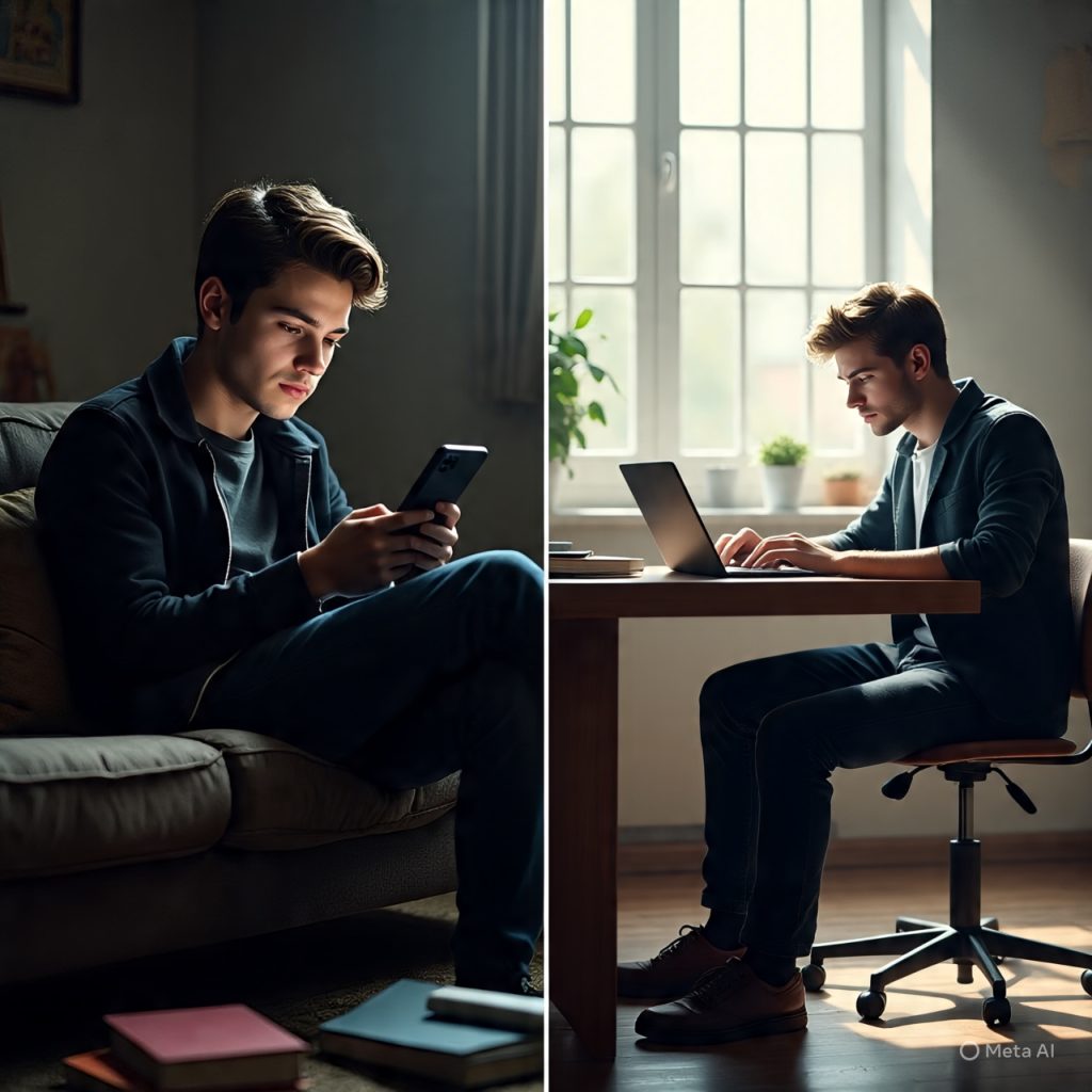 A realistic split-scene image showing the contrast between motivation and discipline. On the left side, a young person sitting on a couch looking at a phone, appearing lazy and distracted, with dim lighting and an unorganized room, representing lack of motivation. On the right side, the same person sitting at a clean desk, working on a laptop or writing in a notebook with focus, early morning sunlight coming through the window, showing discipline and consistency. The environment on the right is clean, minimal, and organized. Natural lighting, high detail, realistic human expressions, soft shadows, cinematic composition, 1600x778 resolution.