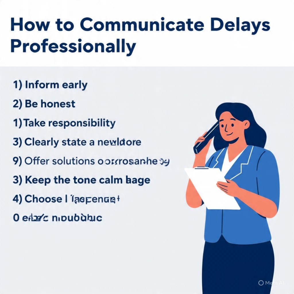 **Alt text:**
A clean, professional infographic titled “How to Communicate Delays Professionally” in a blue and white color scheme. It lists key steps such as informing early, being honest, taking responsibility, clearly stating a new deadline, offering solutions or progress updates, keeping the tone calm, using simple language, and choosing the right communication method. On the right side, there is an illustration of a smiling professional woman holding a phone and a clipboard, representing workplace communication.
