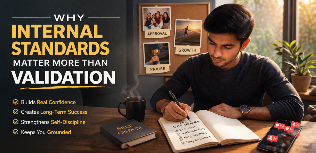 A focused young man sits at a desk writing in a notebook labeled “My Standards,” while a phone with social media notifications lies nearby. Behind him, a board displays words like approval, growth, and praise. Bold text on the left reads “Why Internal Standards Matter More Than Validation,” highlighting confidence, discipline, and long-term success.