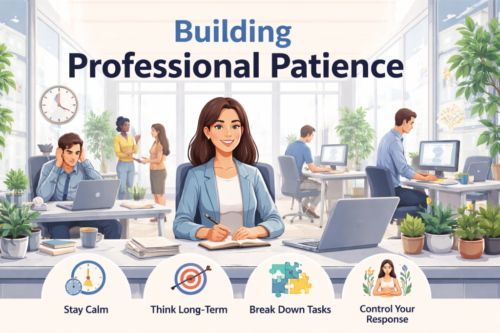 A modern office illustration showing a calm woman working at her desk while others around her appear stressed, with the title “Building Professional Patience” and visual tips like stay calm, think long-term, break down tasks, and control your response.