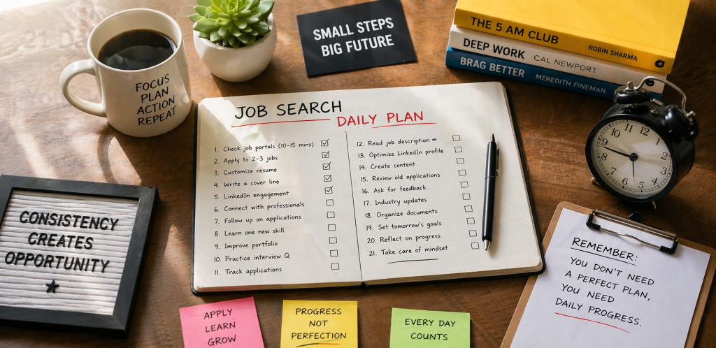 A focused professional working on a laptop at a clean desk with a job search checklist, highlighting daily micro-habits for a successful job search.