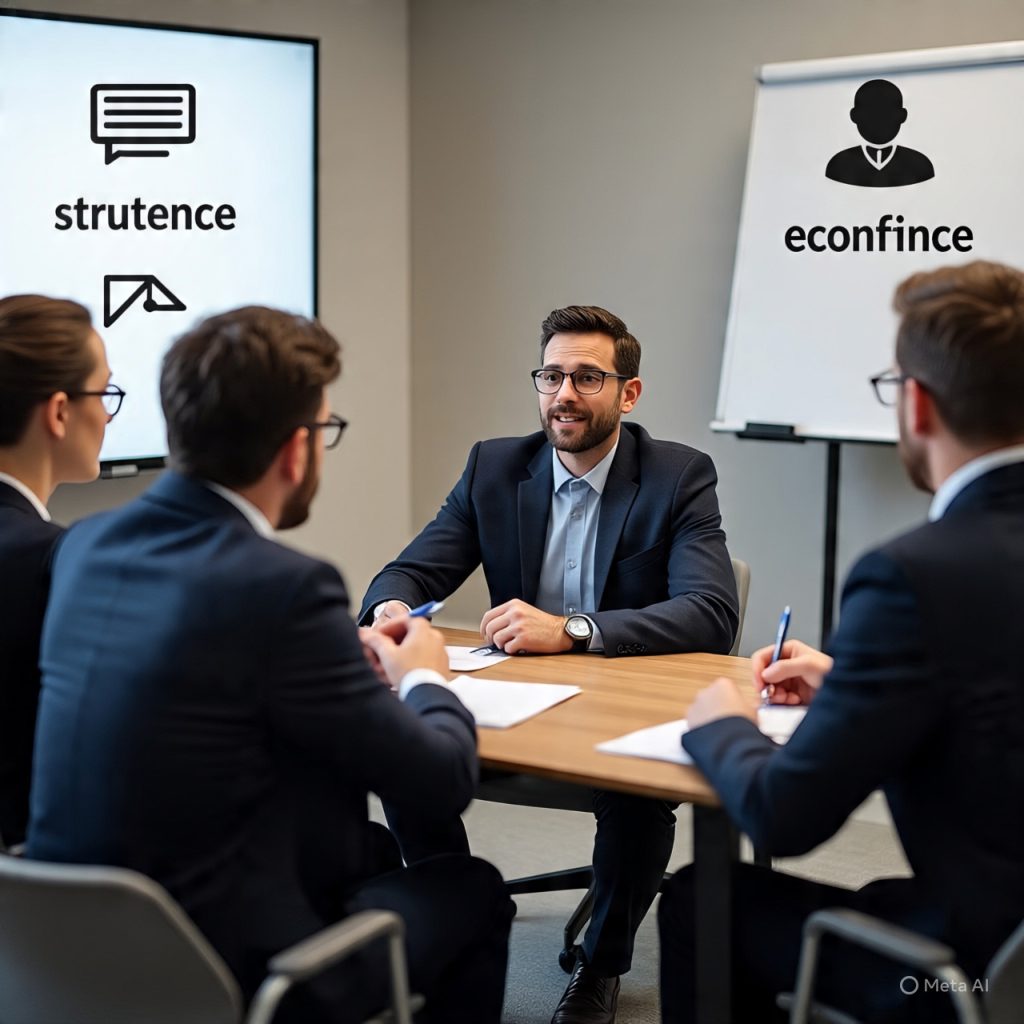 Professional interview setting where a candidate confidently explains his ideas to three recruiters, who are attentively listening and taking notes, with visual icons highlighting communication clarity skills like structure, confidence, listening, and clear explanation.
