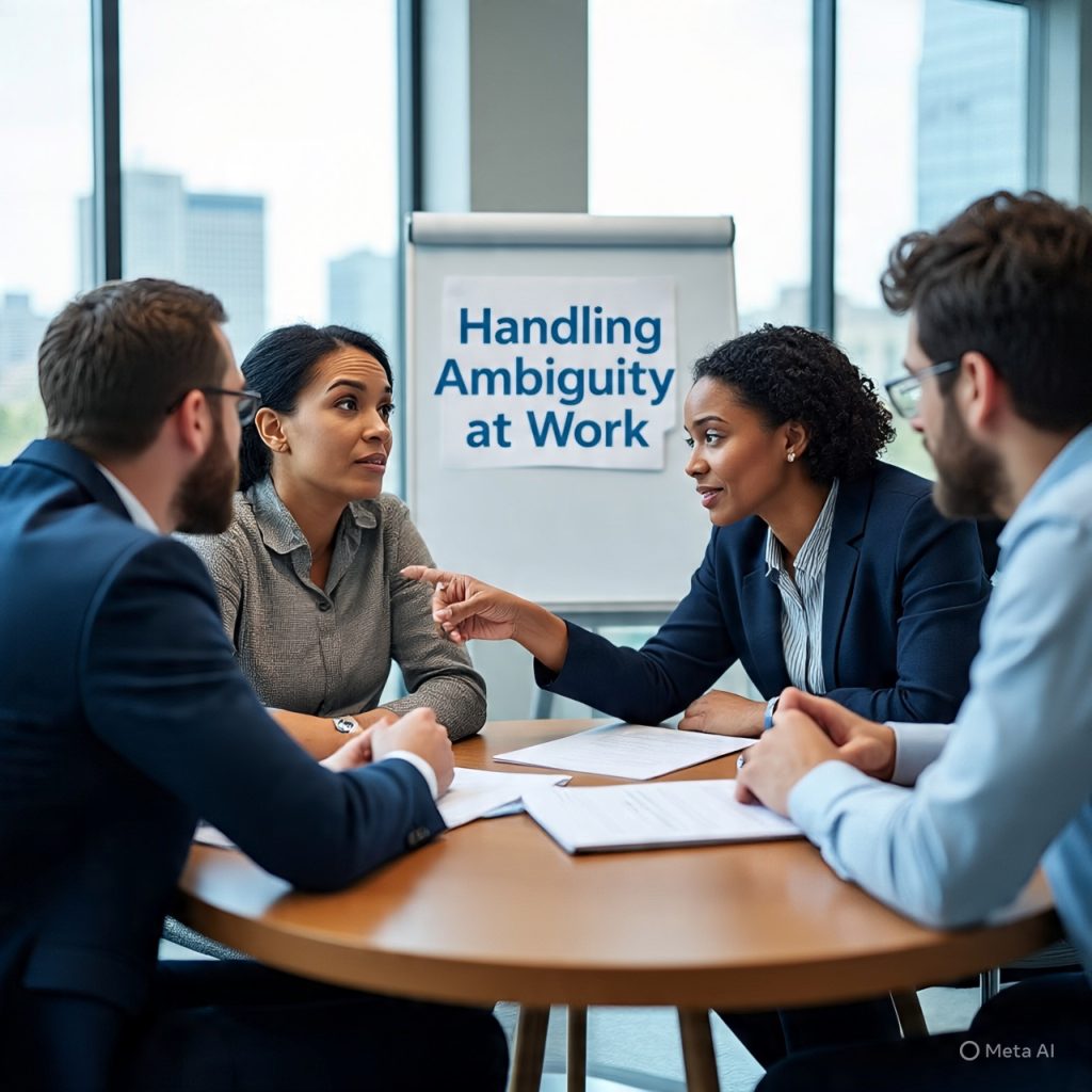 A diverse group of four professionals sitting around a table in a bright office, discussing work while looking at a whiteboard titled “Handling Ambiguity at Work,” which displays key steps like clarifying information, asking questions, breaking tasks into steps, and communicating regularly.