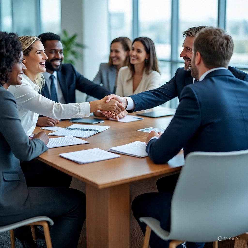 A diverse group of professionals in a modern office shaking hands, reviewing documents, and collaborating with smiles, representing teamwork, respect, and professionalism in everyday work interactions.