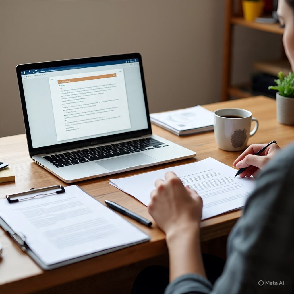A clean and organized workspace showing a laptop displaying a resume, a printed resume on a clipboard being reviewed, and office items like a coffee mug, plant, and stationery, representing resume preparation and job application process.