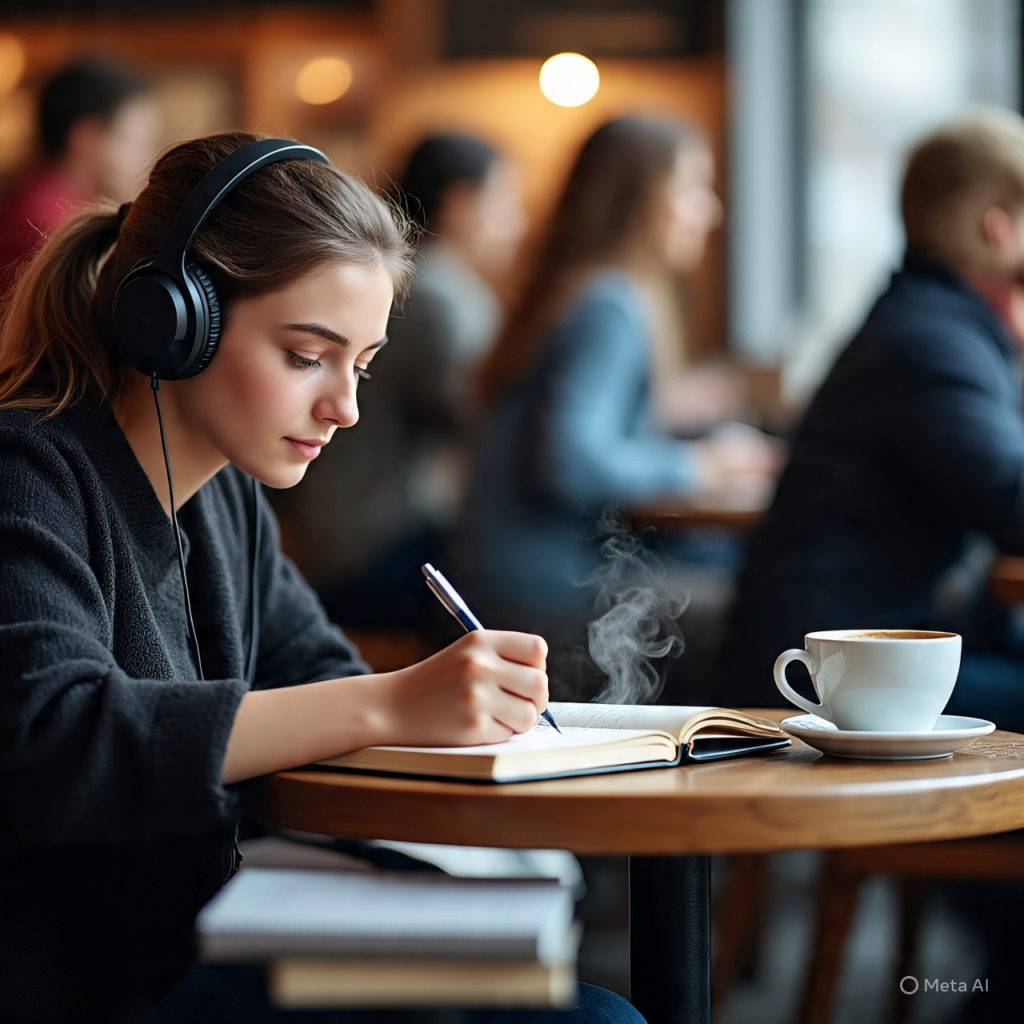 A focused young woman wearing headphones studies at a table in a busy café, writing in a notebook with a laptop, books, and coffee beside her while the background remains softly blurred with people and warm lights.
