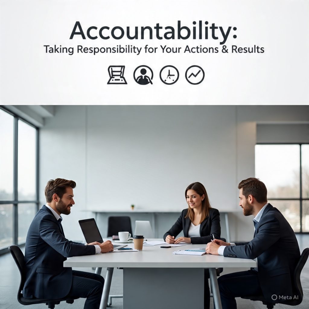 Realistic infographic showing a modern office scene with three professionals demonstrating accountability—collaborating at desks with laptops, notes, and coffee—alongside icons representing ownership, no excuses, and continuous improvement, under the title “Accountability: Taking Responsibility for Your Actions & Results.”