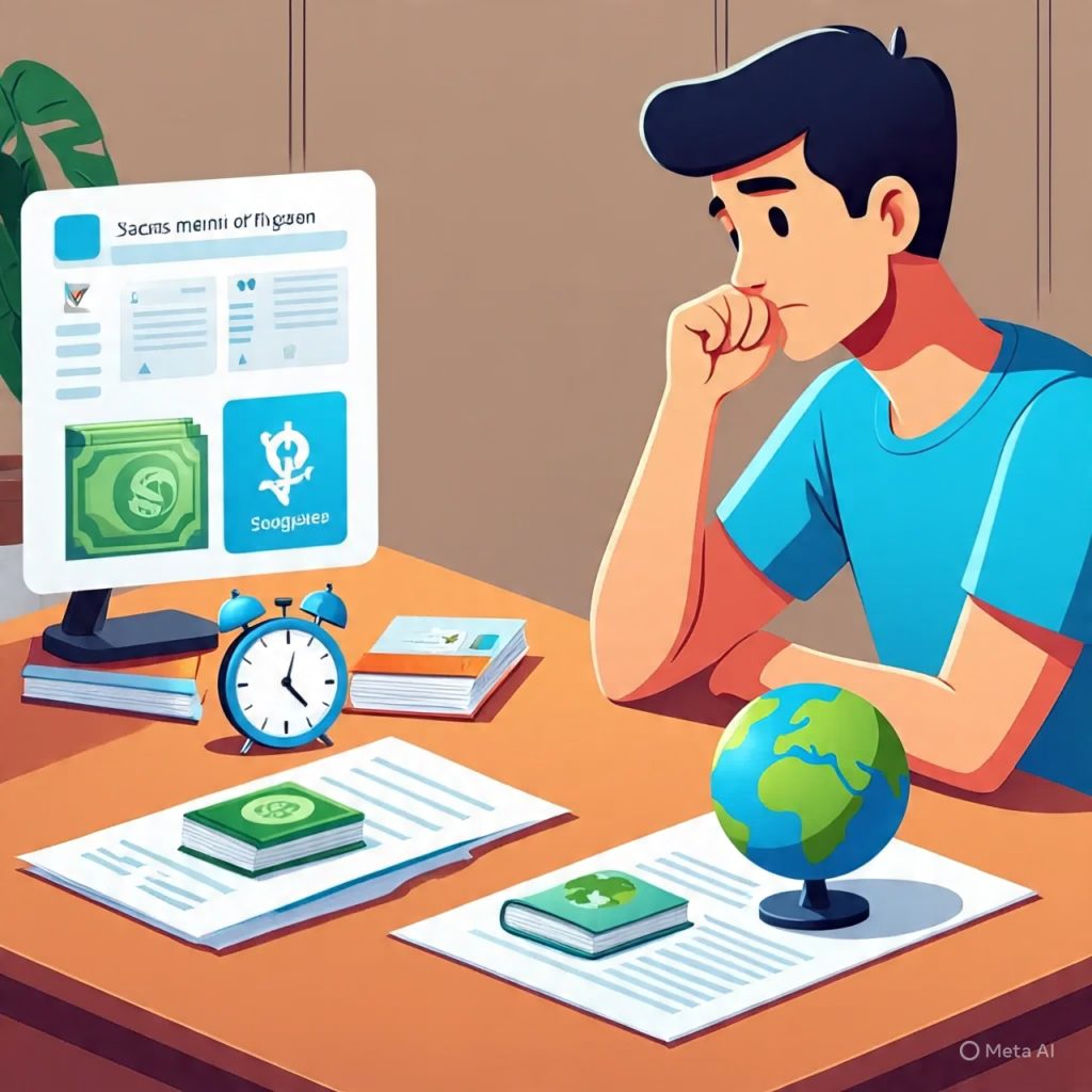 **Alt Text:**
A realistic illustration of a young man sitting at a desk, thinking deeply while choosing between two career paths—one showing a stable job with ₹30,000 monthly income and immediate earnings, and the other showing a one-year course leading to better future opportunities but with delayed income, visually representing the concept of opportunity cost in career decisions.
