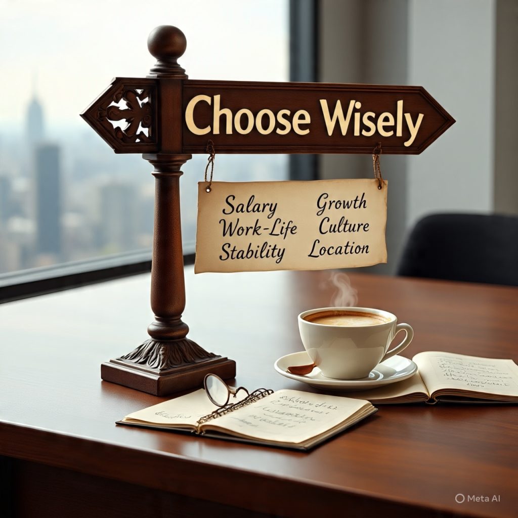 Alt text: "A realistic office desk scene with glasses, notebook, coffee cup, and a small wooden signpost labeled Salary, Growth, Work-Life, Culture, Stability, and Location. Text overlay explains that not all job offers are equal and emphasizes choosing a job that aligns with long-term goals and personal well-being, with the final note: 'Choose wisely.'"