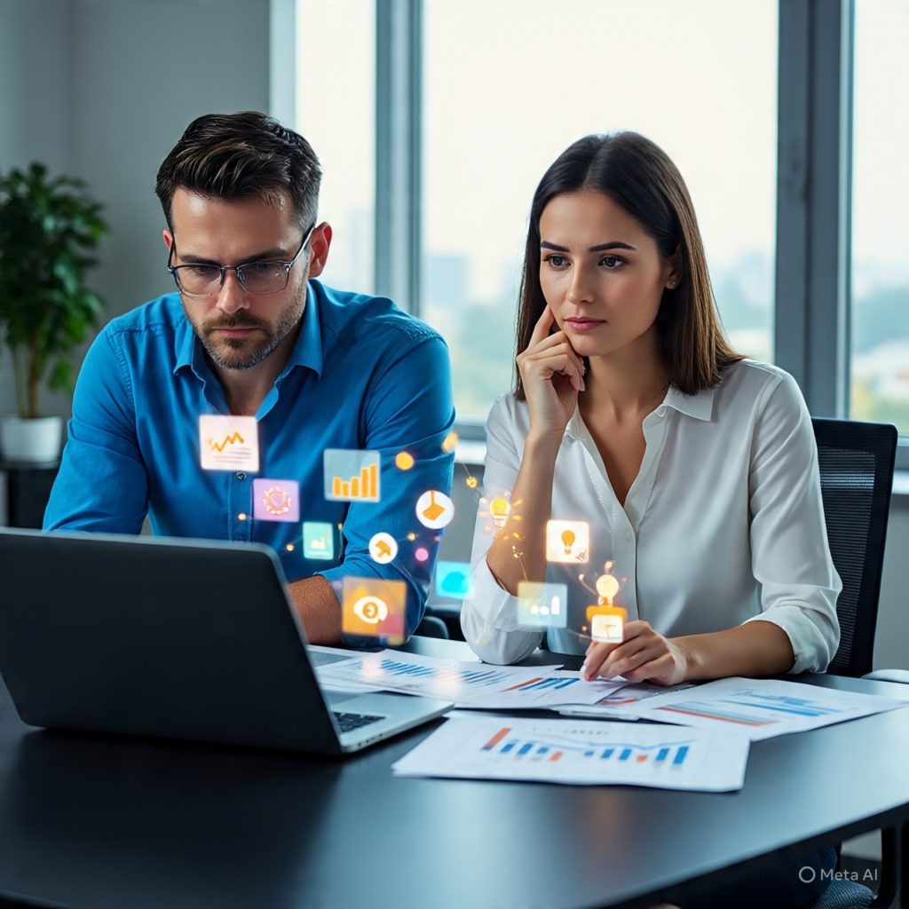 Two professionals sitting at a desk in a modern office, analyzing data on a laptop screen with charts and graphs, while digital icons representing insights and ideas appear in front of them, symbolizing the balance between data and intuition in decision-making.