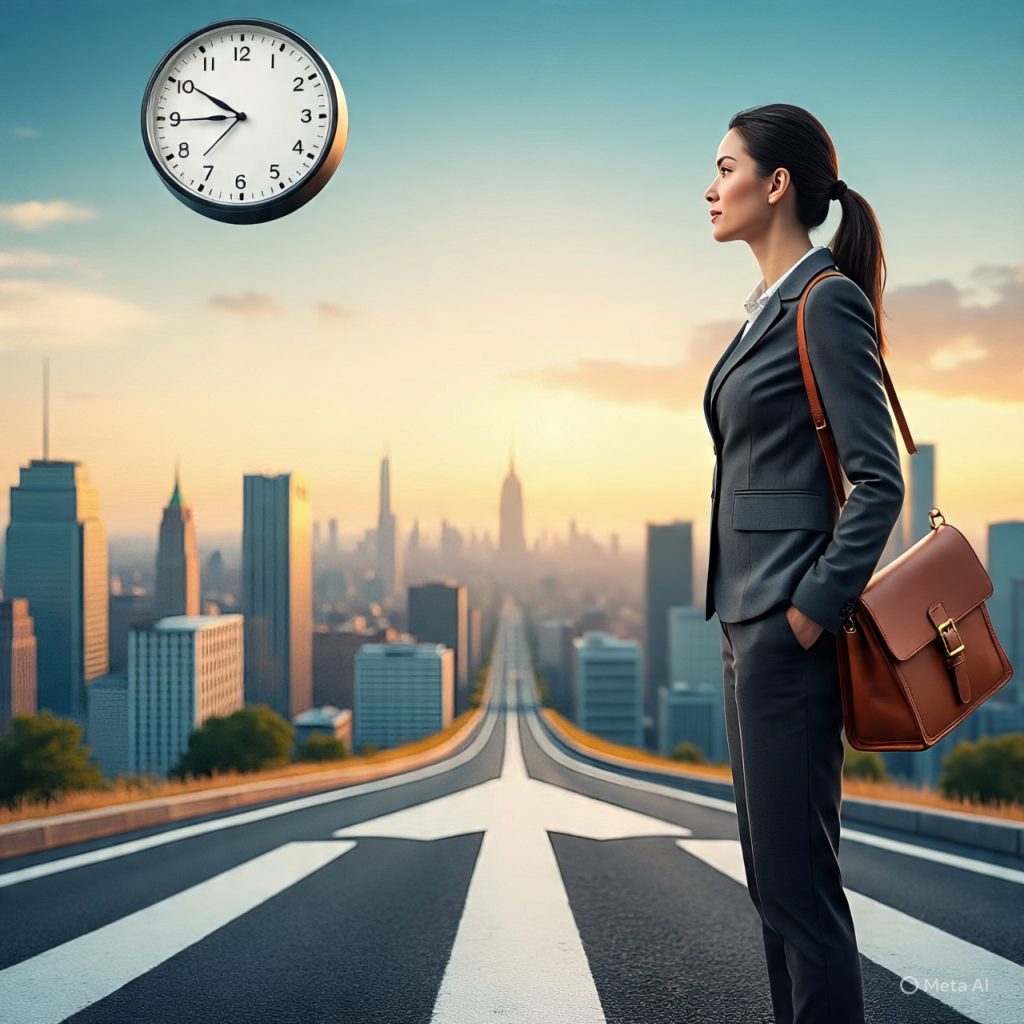 A professional woman stands at a crossroads overlooking a city skyline at sunset, holding a bag and facing two diverging paths, with a large clock in the sky symbolizing the importance of timing in career decisions.