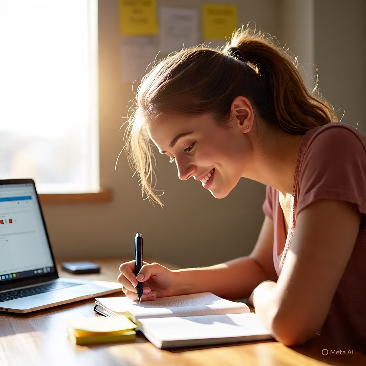 A young woman sitting at a wooden desk near a bright window, smiling while writing in a notebook. A laptop displaying a calendar is placed beside her, along with sticky notes and a phone. The scene conveys planning, focus, and aligning daily decisions with future goals, with motivational text visible on the image.
