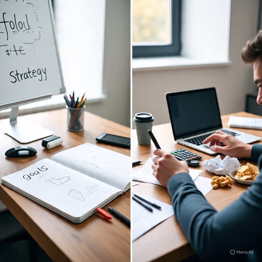 A split-screen realistic office scene contrasting two work styles. On the left, “Thoughtful Planning” shows a neat wooden desk with a notebook labeled goals and strategy, a hand drawing a structured plan, calculator, pens, and organized stationery, representing clarity and preparation. On the right, “Impulse Moves” shows a cluttered desk with a person holding a phone and working on a laptop, surrounded by crumpled papers, snacks, and distractions, symbolizing rushed and unplanned decision-making.