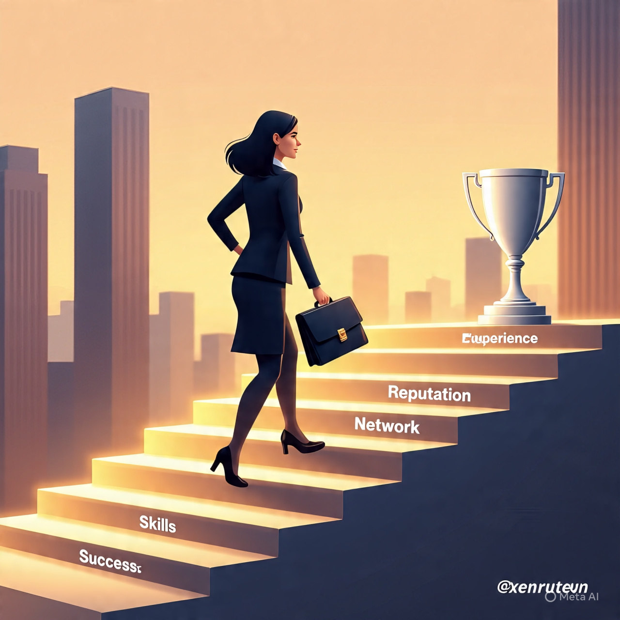 **Alt text:**

A realistic digital illustration showing the concept of career growth and compounding value over time. A professional woman carrying a briefcase is climbing a glowing staircase in a modern city setting during sunset. Each step is labeled with stages like “Skills,” “Reputation,” “Network,” and “Experience,” representing career progression. The staircase leads upward toward a bright trophy labeled “Success,” symbolizing achievement and long-term growth. The background shows tall buildings, warm golden lighting, and a hopeful, motivational atmosphere.
