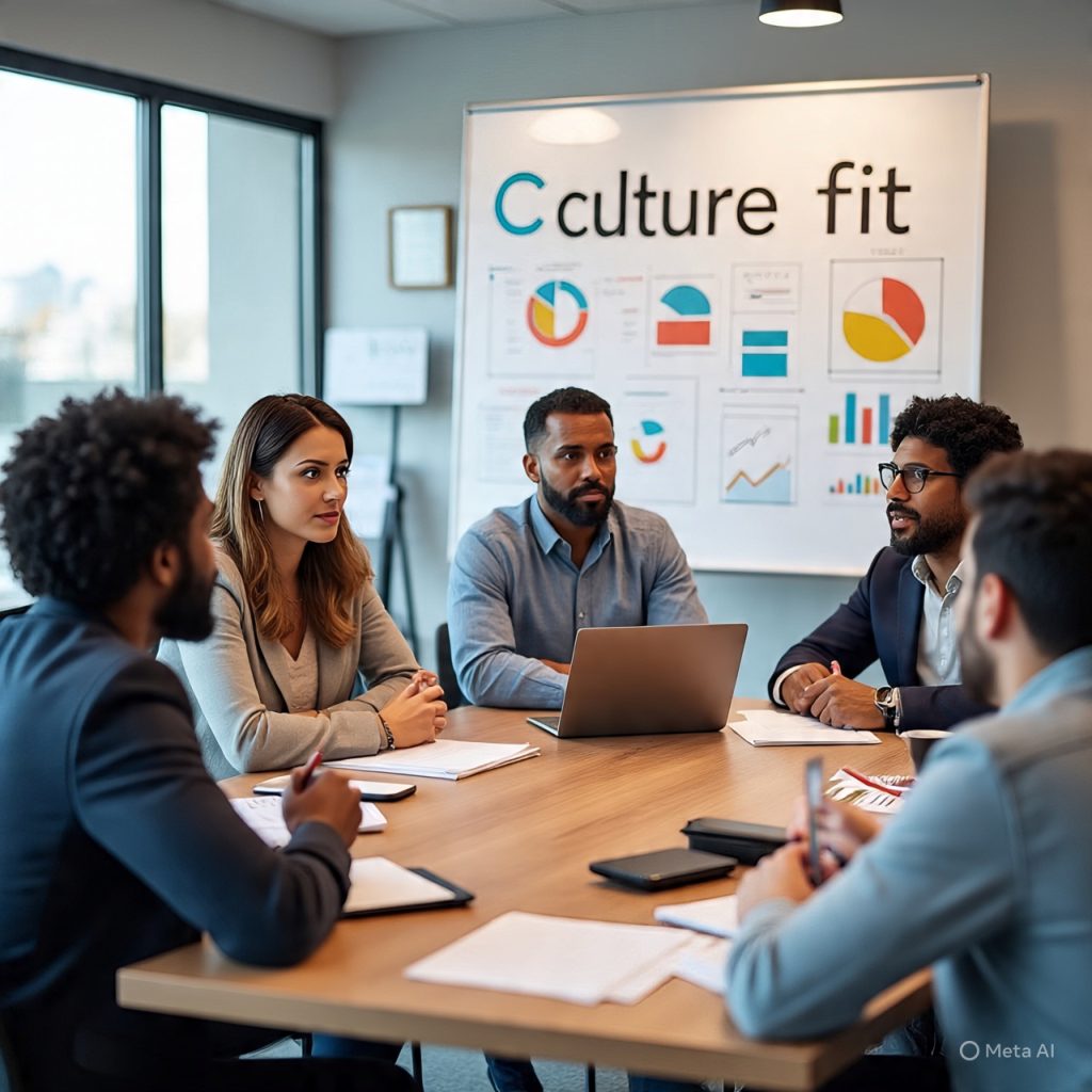 A realistic illustration of a modern office meeting where a diverse group of six professionals collaborates around a table with laptops, tablets, and notes. They are engaged in discussion about “culture fit,” shown on a large whiteboard behind them with charts, diagrams, and visual elements. The scene represents teamwork, communication, and workplace collaboration in a professional environment.