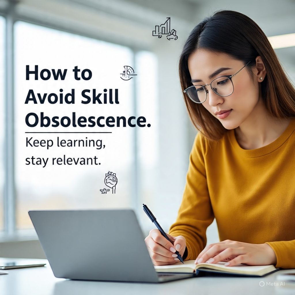 **Alt Text:** A realistic digital photo of a young professional woman working at a desk in a bright, modern office. She is wearing a mustard-yellow shirt and glasses, focused on writing notes in a notebook while using an open laptop placed in front of her. On the left side of the image, bold text reads “How to Avoid Skill Obsolescence” with a subtitle “Keep learning, stay relevant.” Around the text are small icons representing ideas, growth, target goals, and learning. The scene visually represents continuous learning and professional growth in a modern work environment.
