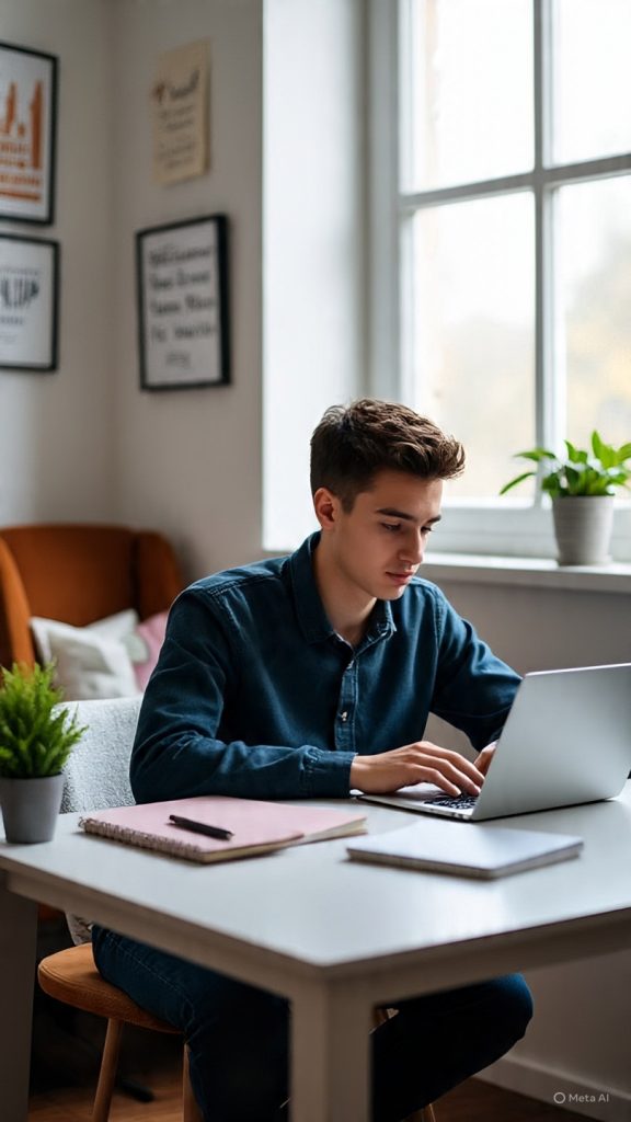 A focused student studying at a clean, well-organized desk with a laptop, notebooks, and books, surrounded by natural light, plants, and motivational notes on a board, creating a calm and productive learning environment.