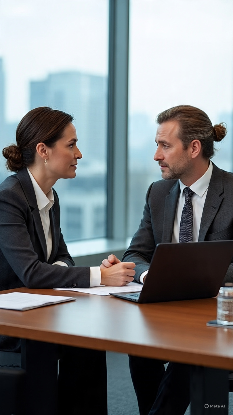 **Alt Text:**
A professional job interview scene in a modern office where an interviewer in formal attire attentively reviews a document while listening to a candidate seated across the desk, with a laptop, files, and a city view in the background.