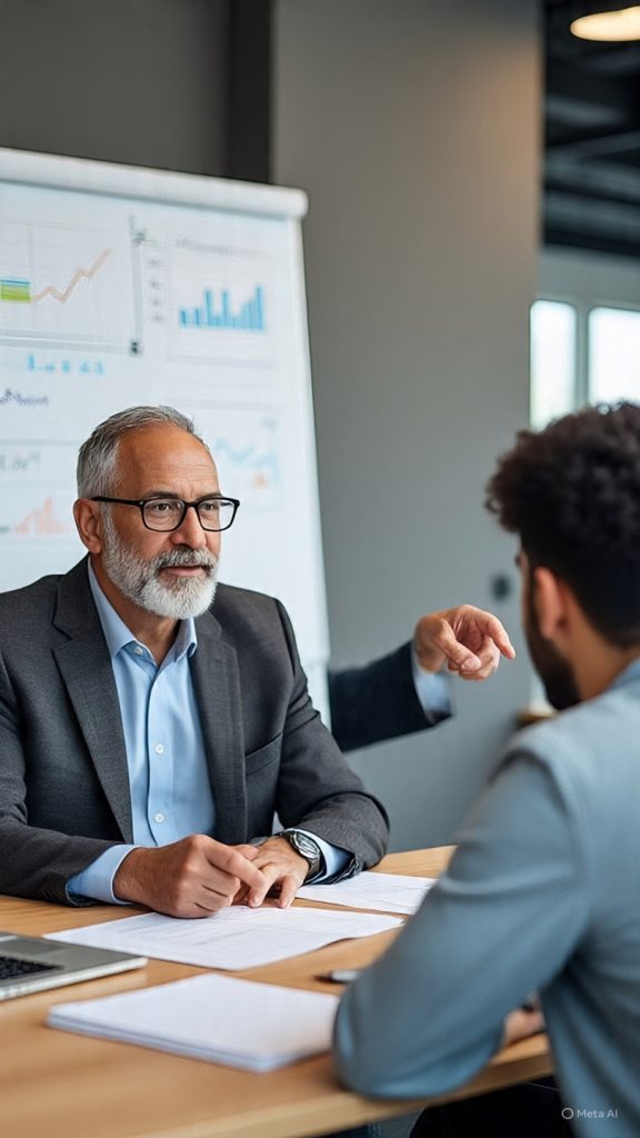 Two professionals in a modern office environment are engaged in a mentorship conversation. A senior man is guiding a younger colleague while pointing toward a laptop screen, suggesting explanation and learning. The setting includes a clean workspace with a whiteboard showing planning notes and charts in the background, symbolizing career guidance and professional growth.