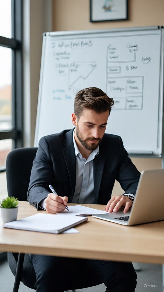 **Alt Text:** A young professional sitting at a modern office desk working on a laptop while taking notes, with a whiteboard showing strategy planning and a clean, organized workspace in the background.
