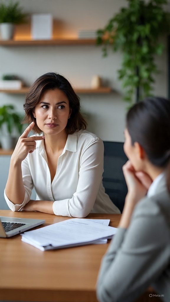 Alt text: Two women in a modern office meeting room having a focused professional conversation. One woman is speaking with hand gestures while sitting beside a laptop and documents on a wooden desk, and the other listens attentively. The background shows a clean, contemporary workspace with shelves, plants, and soft lighting, creating a calm and professional atmosphere.