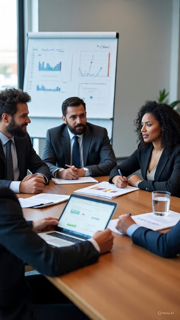 A diverse group of professionals sitting around a conference table in a modern office, discussing business strategies while reviewing charts, documents, and a laptop, with a whiteboard displaying graphs in the background.