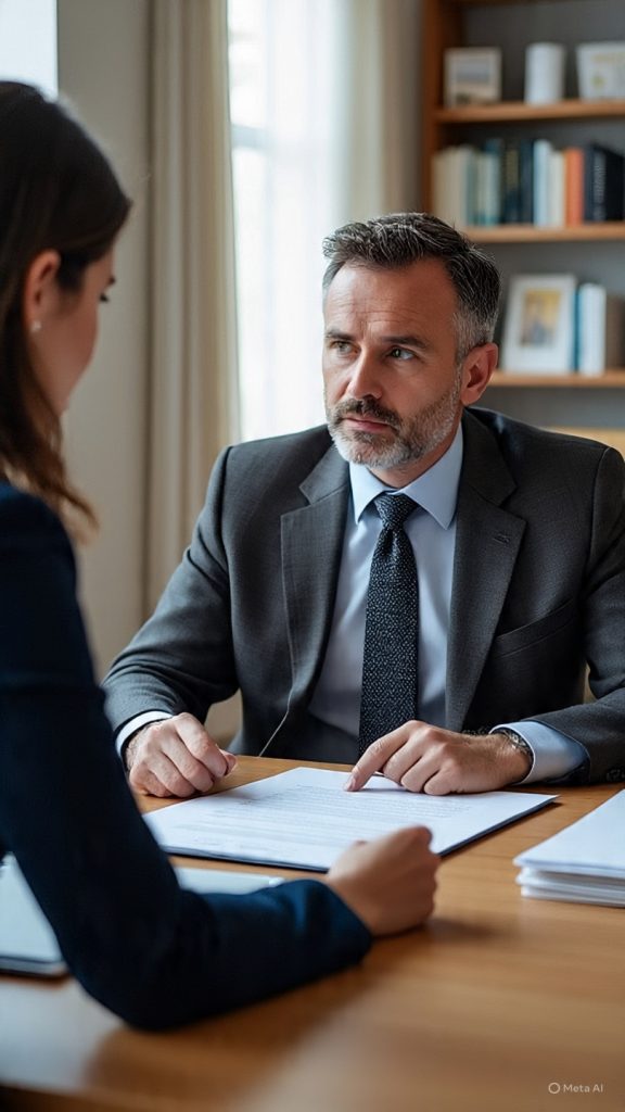 Professional job interview scene in a modern office, where a hiring manager in formal attire is discussing with a candidate across a desk, with a laptop, documents, and shelves in the background, creating a focused and realistic workplace environment.