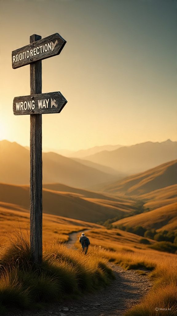 **Alt text:**
A cinematic landscape at sunrise shows a lone person standing and looking toward a vast valley with winding paths and distant mountains. In the foreground, a wooden signpost has two arrows labeled “RIGHT DIRECTION” and “WRONG WAY,” symbolizing decision-making and life choices. Warm golden light fills the sky, creating a reflective and motivational mood.
