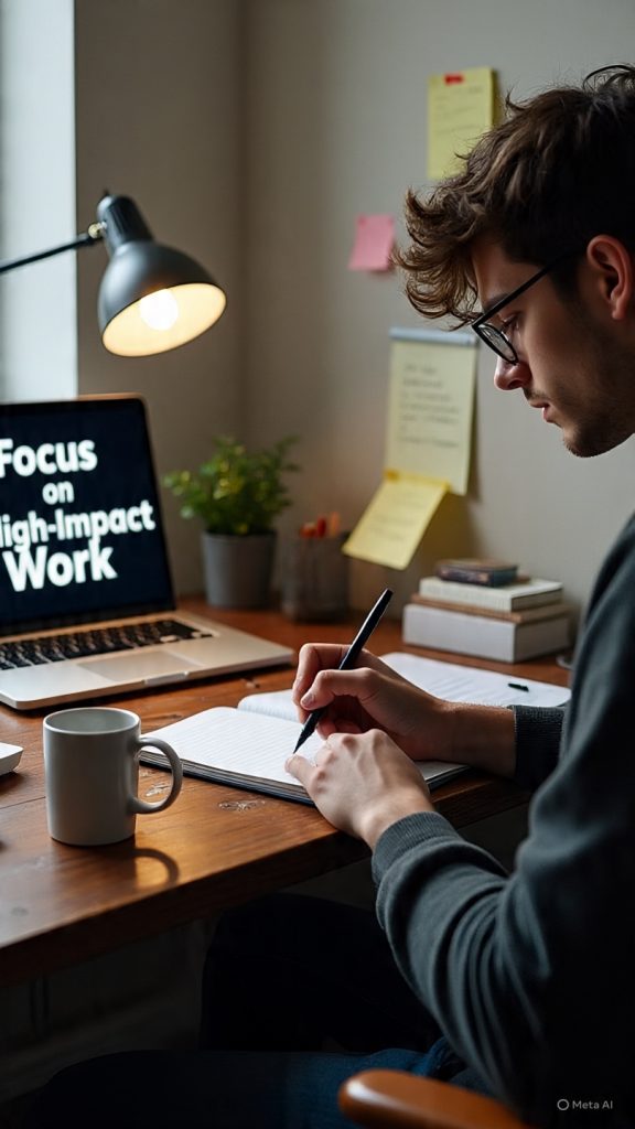 A focused young man sits at a well-organized home office desk, writing in a notebook beside a laptop displaying “Focus on High-Impact Work.” The workspace includes books, a desk lamp, a plant, sticky notes on a whiteboard, and a motivational mug, creating a productive and goal-oriented environment.
