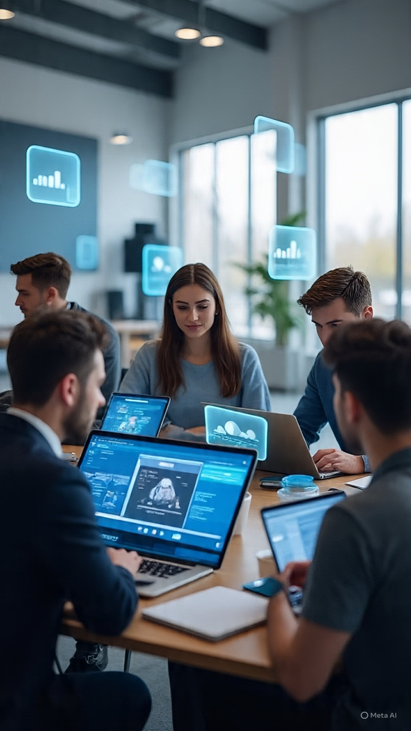 A highly realistic, cinematic modern workspace showing Gen Z professionals using AI to navigate the job market. A diverse group of young adults sitting in a bright, minimalistic co-working space with laptops, smartphones, and notebooks. Their screens display AI-powered job search dashboards, resume optimization tools, interview practice with AI avatars, LinkedIn profile editing with AI suggestions, and analytics charts for job applications.
Subtle futuristic holographic UI elements float in the air showing job matching scores, application tracking, skill recommendations, and career insights. The environment is clean, modern, and tech-driven with natural daylight coming through large windows, indoor plants, wooden desks, and coffee cups.
The mood is focused, ambitious, and innovative, highlighting how Gen Z is using AI to hack the job market. Ultra-realistic photography style, shallow depth of field, cinematic lighting, high detail, 4K quality, professional editorial look, wide aspect ratio (1600x778).