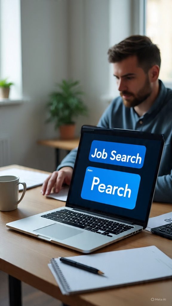 A realistic modern office workspace showing a man working on a laptop with an “AI Job Search” dashboard on the screen. The desk has a notebook labeled “Job Search Plan,” a coffee mug, and stationery items. The scene reflects a focused, productivity-driven environment with natural light, a small indoor plant, and a motivational workspace setup.