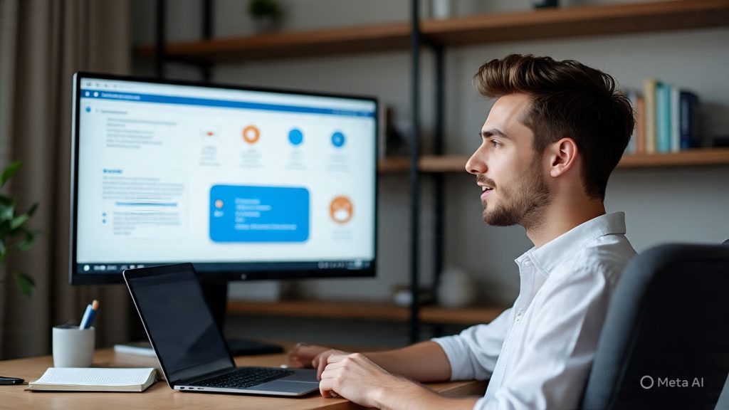 “A modern professional webinar setup in a cozy home office, a young man content creator speaking confidently on a laptop during a live session. The screen shows a webinar interface with audience comments and engagement icons. hard cool lighting, clean desk with notebook, pen, coffee mug, and microphone. Background includes a bookshelf and minimal decor. The atmosphere feels professional, inspiring, and focused on digital learning and authority building. Ultra-realistic style, high detail, cinematic lighting, shallow depth of field, 16:9 composition, 1600x778 resolution.”