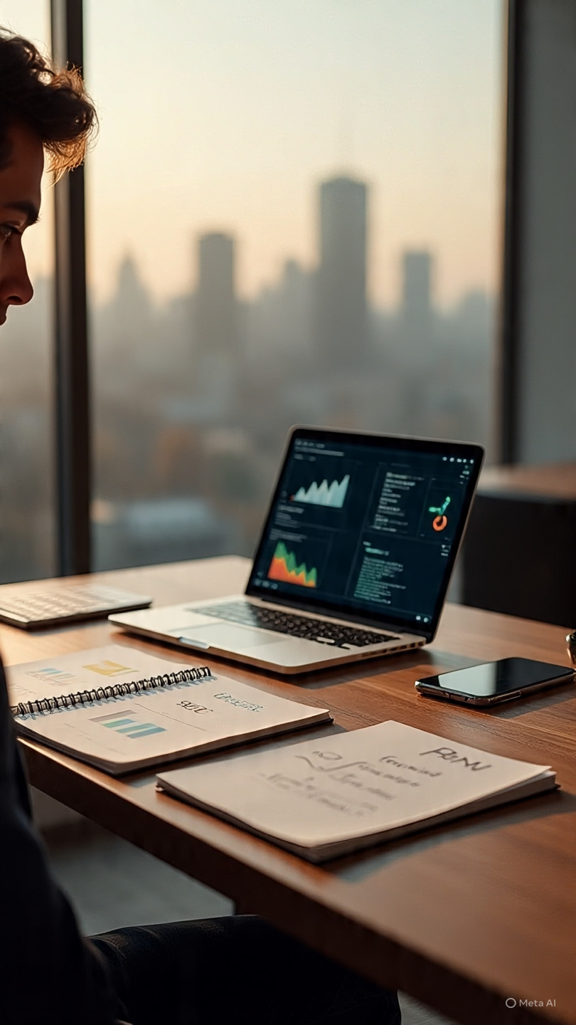 A highly realistic cinematic workspace scene representing career growth during an economic slowdown. A young professional sits focused at a modern wooden desk in a minimal, well-organized room during golden-hour evening light. The person is working on a laptop showing skill development graphs, learning dashboards, and content writing notes. On the desk are subtle symbols of growth: a notebook titled “Skill Upgrade Plan”, sticky notes with keywords like “AI tools”, “SEO”, “portfolio”, and a clean roadmap sketch showing progression steps. A smartphone beside the laptop displays an online learning platform.
Through a large window behind the desk, a calm city skyline is visible, slightly blurred, symbolizing a slow economic period outside. Inside, the mood is optimistic and determined. Soft warm lighting, shallow depth of field, ultra-detailed textures, photorealistic style, cinematic composition, inspirational atmosphere, professional photography, high dynamic range, 8K detail.