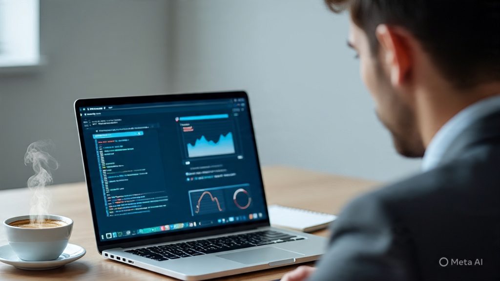 A realistic workspace scene of a young professional using AI to research a company before applying for a job, laptop screen showing data insights, charts, and a job description, subtle AI interface elements glowing on screen, notebook and coffee on desk, modern minimal setup, soft natural lighting, focused and productive atmosphere, professional mood, high detail, depth of field, clean background, 16:9 aspect ratio, ultra realistic, 4K quality
