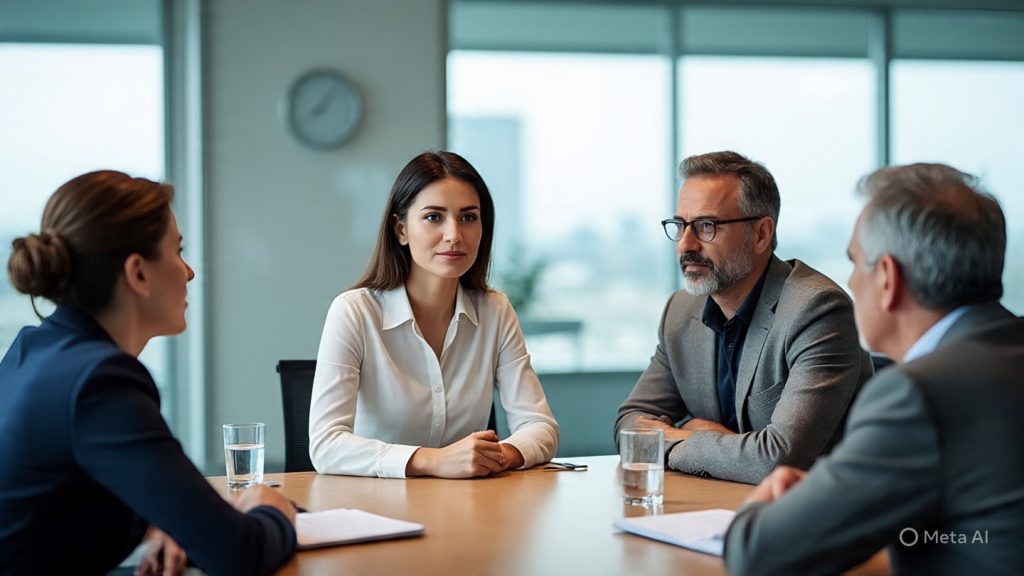 A professional job interview panel setting in a modern glass meeting room. One candidate is seated calmly facing a panel of three diverse interviewers. The candidate looks composed and confident while one interviewer appears slightly skeptical and another is thoughtfully listening. The atmosphere shows respectful discussion rather than conflict. Soft natural light enters from large windows, creating a balanced and calm mood. Subtle visual cues of professionalism like laptops, notepads, and water glasses on the table. The candidate’s body language shows confidence, active listening, and calmness under pressure. Realistic, cinematic lighting, high detail, corporate environment, shallow depth of field.