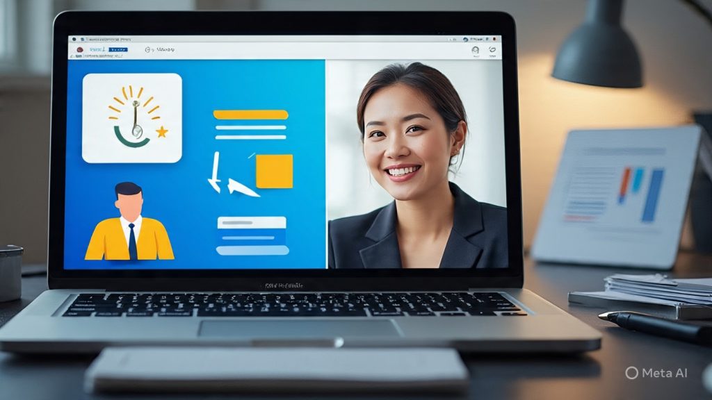 Professional virtual interview scene showing a candidate on a laptop screen speaking confidently, with a clean workspace, soft lighting, and modern graphics highlighting eye contact, energy, environment, and communication for strong first impressions.