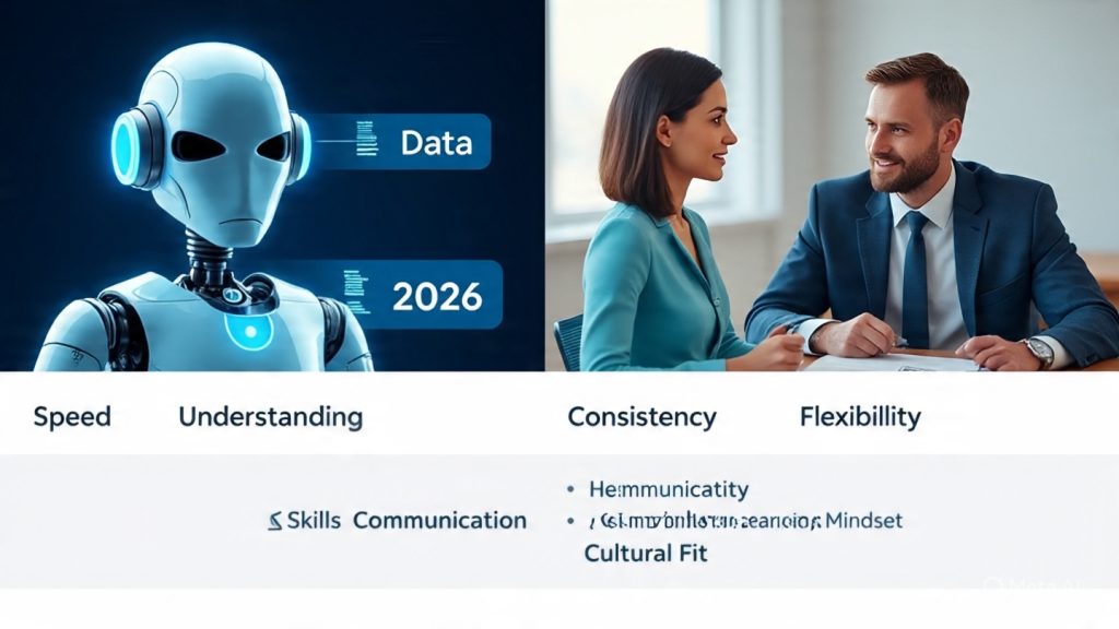 Wide banner-style infographic comparing AI and human recruiters in 2026. The left side shows a futuristic robot analyzing a digital candidate profile with data, speed, and automation features. The right side shows a human recruiter interviewing a candidate in a warm office setting, highlighting empathy, communication, and judgment. The center contrasts key factors like speed vs understanding, data vs empathy, and consistency vs flexibility. The bottom emphasizes what really matters: skills, communication, adaptability, learning mindset, and cultural fit.
